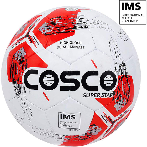Cosco Super Star Size 5 Football – White/Red Training Ball for School, Club, Ground Play with Durable Build & Consistent Air Retention