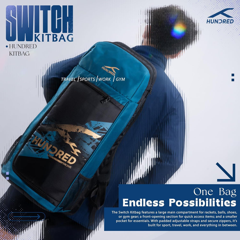 Hundred Switch Pack Cricket Kit Bag – Lightweight Cricket Duffle Bag with Bat Pocket, Shoe Compartment & Easy Access Design for Daily Practice