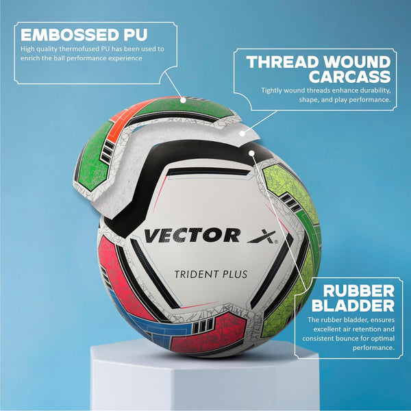 Vector X Trident Plus Thermo Fusion Football | Size 5 | PU Surface, Rubber Bladder, Seamless Build for Training & Match Play – Multicolor Design