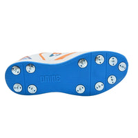 Dnine Thunder Metal Spike Cricket Shoes for Men | Professional-Grade Traction | PU Leather Upper | EVA Midsole | White/Orange/Blue | Ideal for Fast Bowlers - Best Price online Prokicksports.com