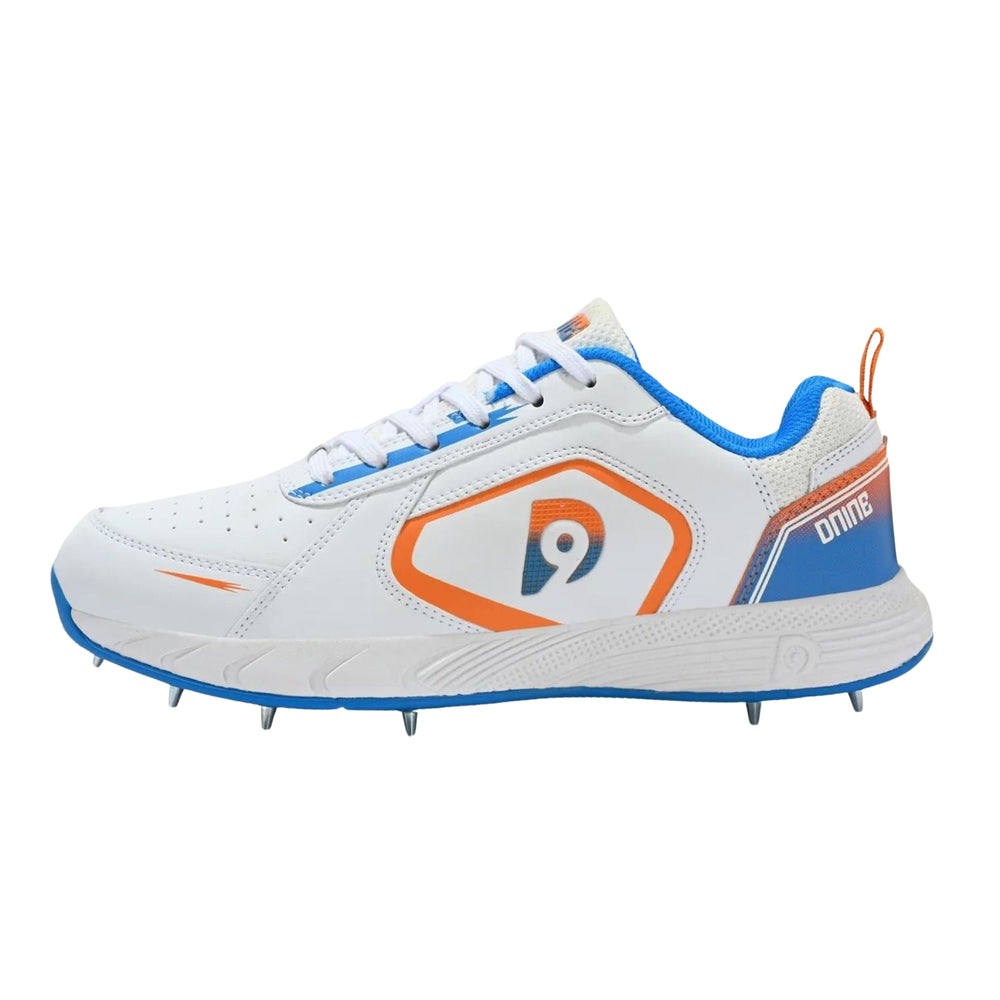 Dnine Thunder Metal Spike Cricket Shoes for Men | Professional-Grade Traction | PU Leather Upper | EVA Midsole | White/Orange/Blue | Ideal for Fast Bowlers - Best Price online Prokicksports.com