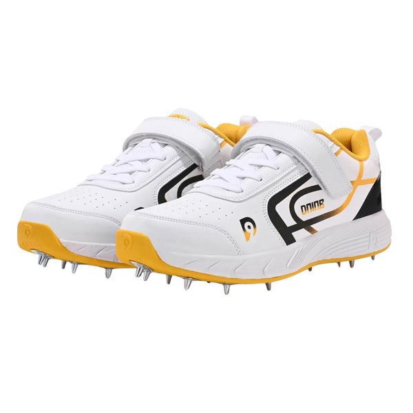 Dnine King-2 Bowling Spikes Cricket Shoes for Men | Metal Spikes | PU Upper | TPU Outsole | EVA Midsole | White/Yellow | Ideal for Fast Bowlers