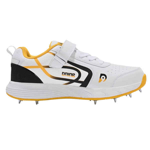 Dnine King-2 Bowling Spikes Cricket Shoes for Men | Metal Spikes | PU Upper | TPU Outsole | EVA Midsole | White/Yellow | Ideal for Fast Bowlers