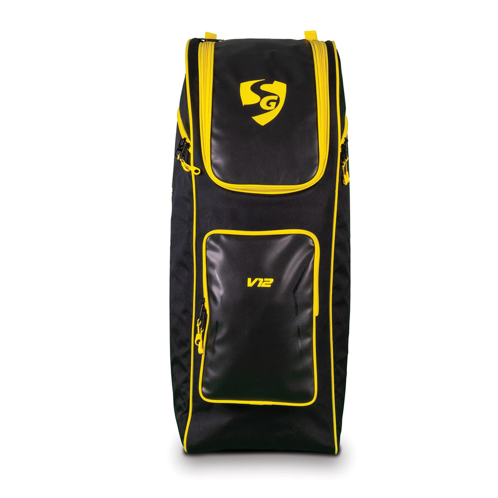 SG V12 Duffle Junior Cricket Kit Bag with Wheelie – Compact Trolley Bag for Kids with Shoulder Straps, Black/Yellow, Lightweight and Durable
