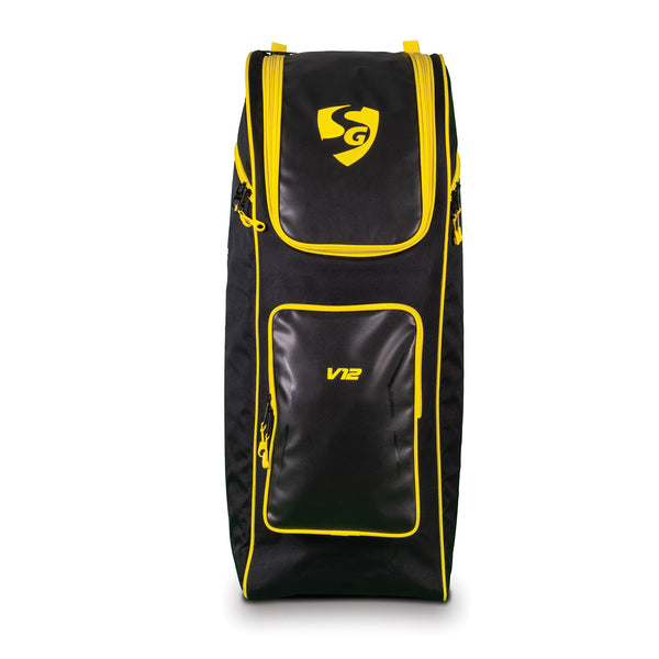 SG V12 Duffle Junior Cricket Kit Bag with Wheelie – Compact Trolley Bag for Kids with Shoulder Straps, Black/Yellow, Lightweight and Durable