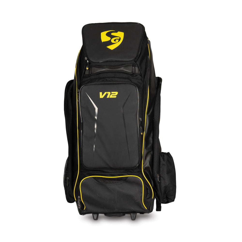SG V12 Players Wheelie Duffle Cricket Kit Bag – Black/Light Green, Heavy-Duty Large Capacity with Wheels and Backpack Straps for Professionals