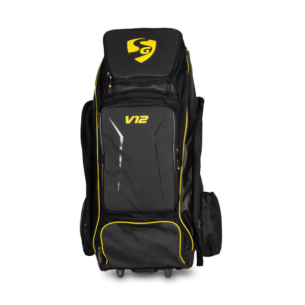 SG V12 Players Wheelie Duffle Cricket Kit Bag – Black/Light Green, Heavy-Duty Large Capacity with Wheels and Backpack Straps for Professionals