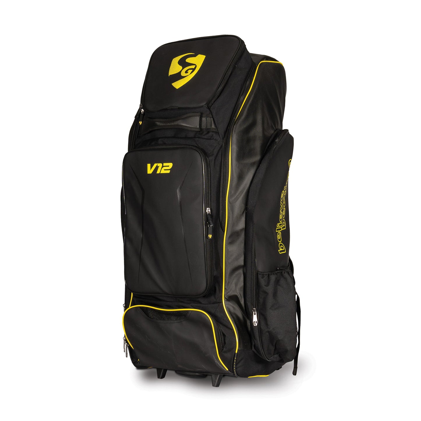 SG V12 Players Wheelie Duffle Cricket Kit Bag – Black/Light Green, Heavy-Duty Large Capacity with Wheels and Backpack Straps for Professionals - Best Price online Prokicksports.com