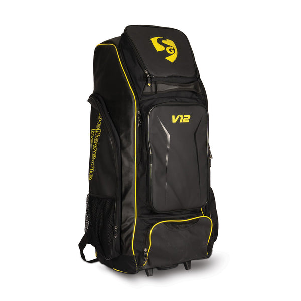SG V12 Players Wheelie Duffle Cricket Kit Bag – Black/Light Green, Heavy-Duty Large Capacity with Wheels and Backpack Straps for Professionals