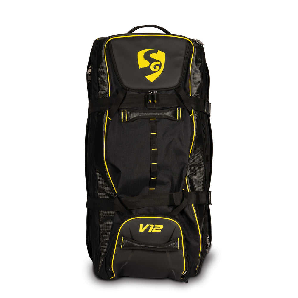 SG V12 Premium Wheelie Cricket Kit Bag – Black/Yellow, Large Trolley Gear Bag with Heavy-Duty Wheels for Pro Players and Match Travel