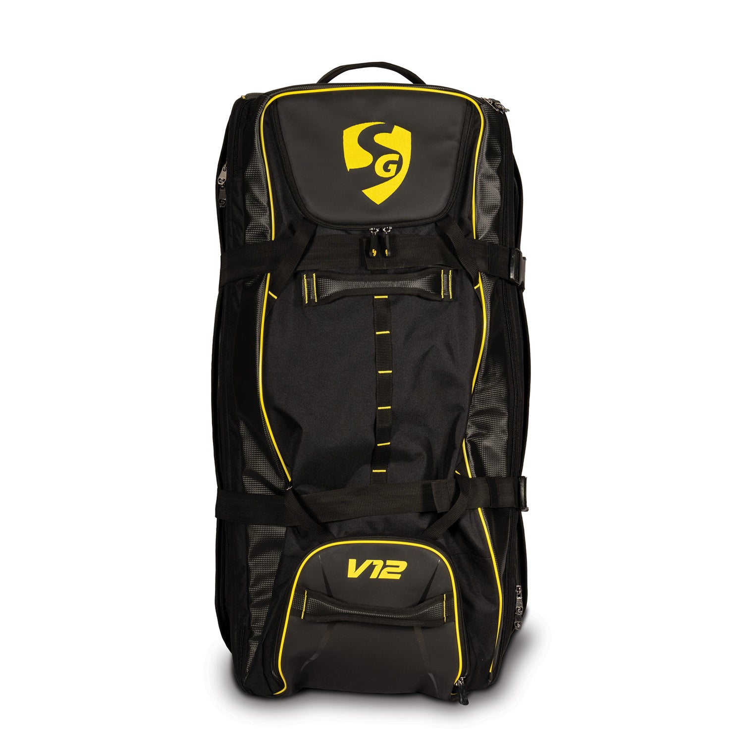 SG V12 Premium Wheelie Cricket Kit Bag – Black/Yellow, Large Trolley Gear Bag with Heavy-Duty Wheels for Pro Players and Match Travel - Best Price online Prokicksports.com