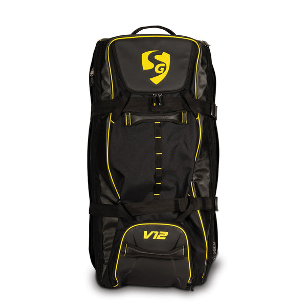 SG V12 Premium Wheelie Cricket Kit Bag – Black/Yellow, Large Trolley Gear Bag with Heavy-Duty Wheels for Pro Players and Match Travel