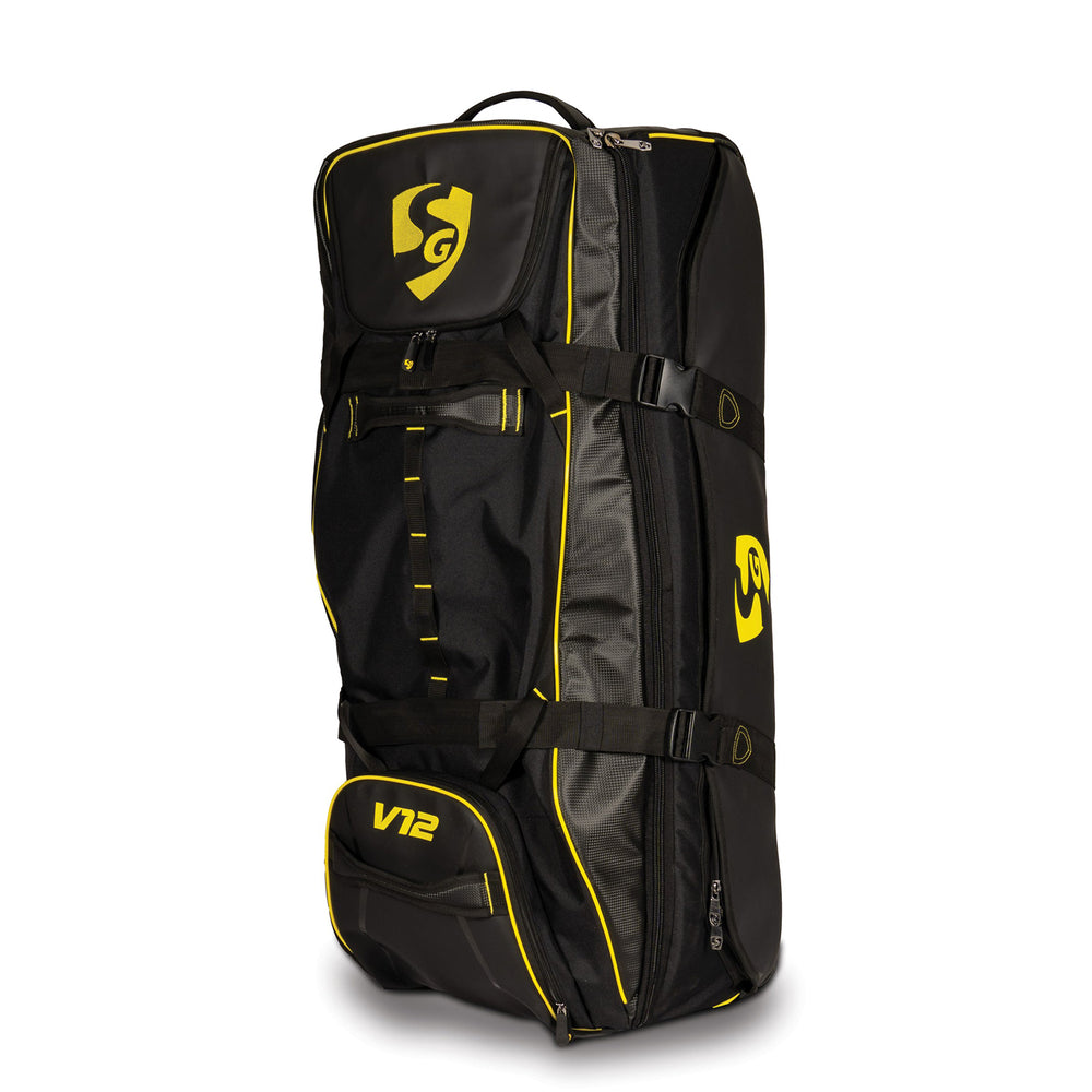 SG V12 Premium Wheelie Cricket Kit Bag – Black/Yellow, Large Trolley Gear Bag with Heavy-Duty Wheels for Pro Players and Match Travel - Best Price online Prokicksports.com