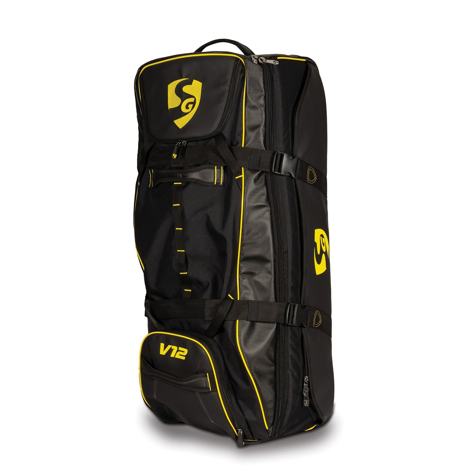 SG V12 Premium Wheelie Cricket Kit Bag – Black/Yellow, Large Trolley Gear Bag with Heavy-Duty Wheels for Pro Players and Match Travel - Best Price online Prokicksports.com