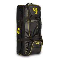 SG V12 Premium Wheelie Cricket Kit Bag – Black/Yellow, Large Trolley Gear Bag with Heavy-Duty Wheels for Pro Players and Match Travel - Best Price online Prokicksports.com