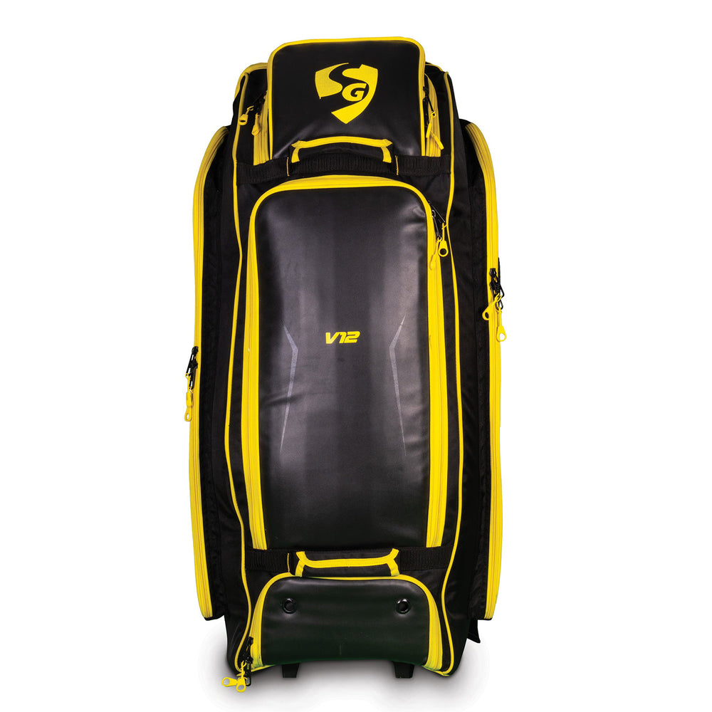 SG V12 Duffle Wheelie Cricket Kit Bag – Large Capacity Trolley with Wheels & Shoulder Straps, Black/Yellow, for Players and Sports Travel