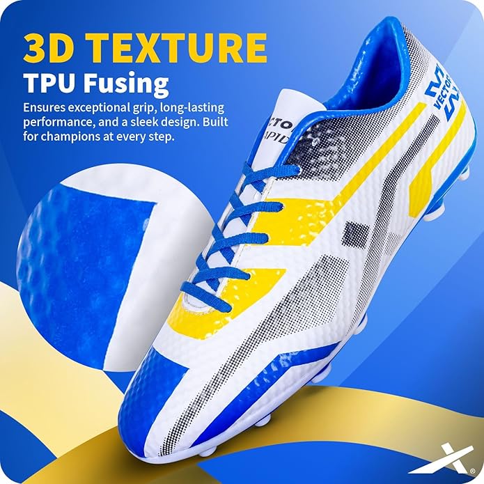 Vector X Rapid 2.0 Football Shoes for Men - White/Blue | Lightweight Soccer Cleats with TPU Sole for Firm Grip & Comfort - Best Price online Prokicksports.com