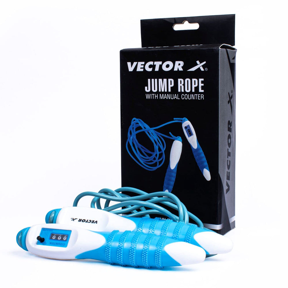 Vector X VX-720 Manual Counter Jump Rope | Adjustable Speed Skipping Rope with In-Built Counter | Blue | For Fitness, Cardio, Endurance & Weight Loss