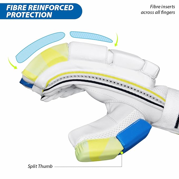 DSC Condor Glider Leather Cricket Batting Gloves for Men, Right Hand – Premium Protection-White/Blue/Yellow - Best Price online Prokicksports.com