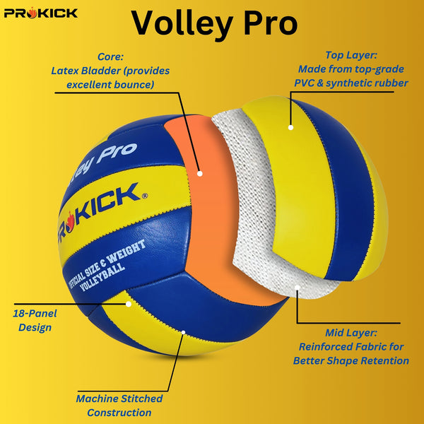 Prokick Volley Pro Machine Stitched 18-P Volleyball, Blue/Yellow (Size 4)