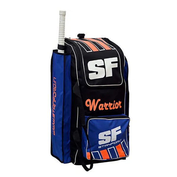 SF Warrior Cricket Duffle Wheelie Kit Bag – Large Trolley Bag with Wheels, Multiple Compartments – Black/Blue Design
