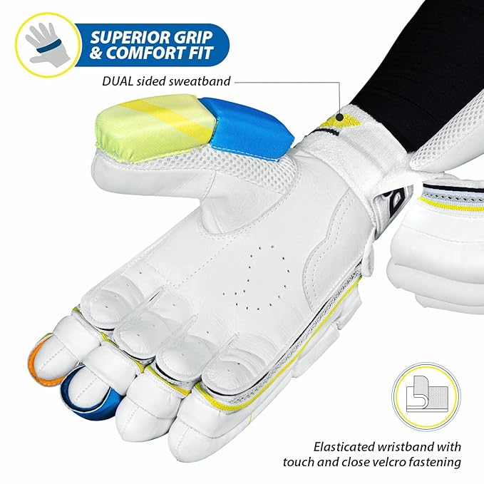 DSC Condor Glider Leather Cricket Batting Gloves for Men, Right Hand – Premium Protection-White/Blue/Yellow - Best Price online Prokicksports.com