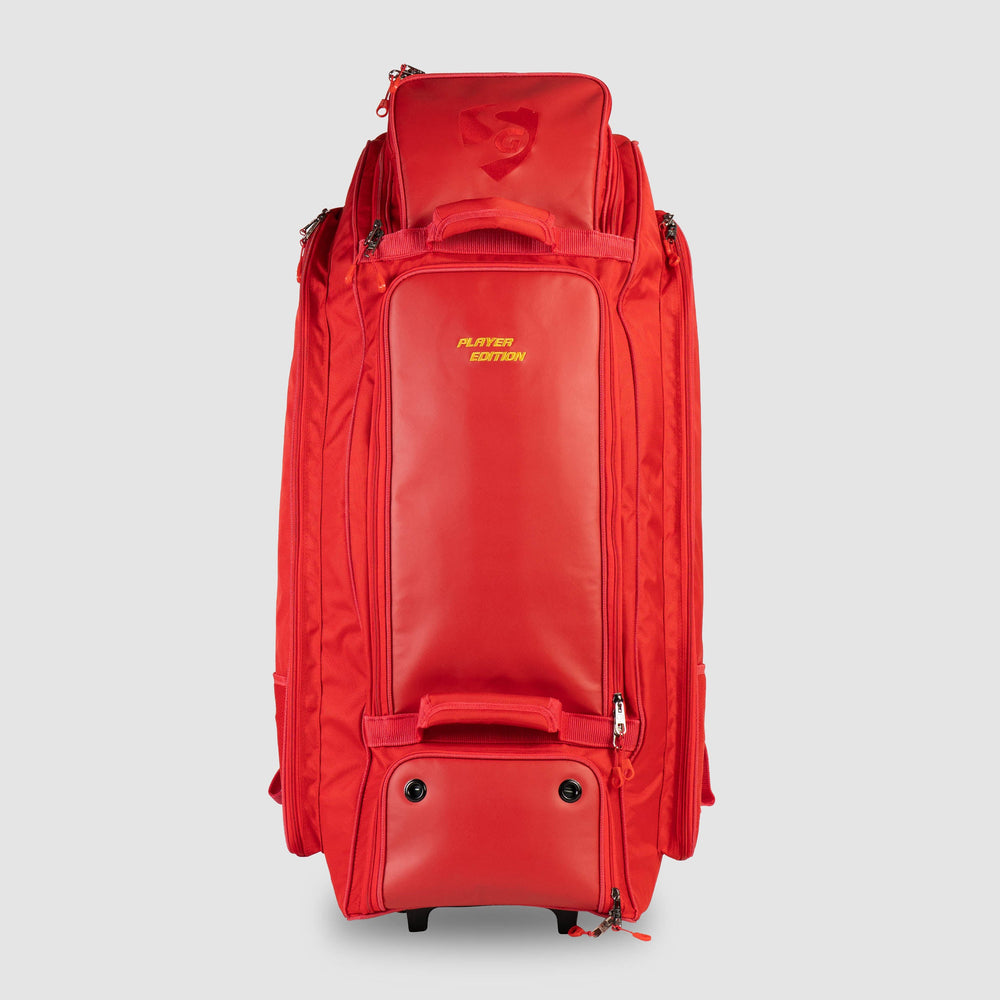 SG Player Edition Wheelie Cricket Kit Bag | Leatherette, Padded Bat Slots, Vented Shoe Pocket | Red