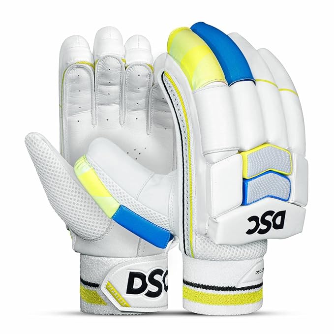 DSC Condor Glider Leather Cricket Batting Gloves for Men, Right Hand – Premium Protection-White/Blue/Yellow - Best Price online Prokicksports.com