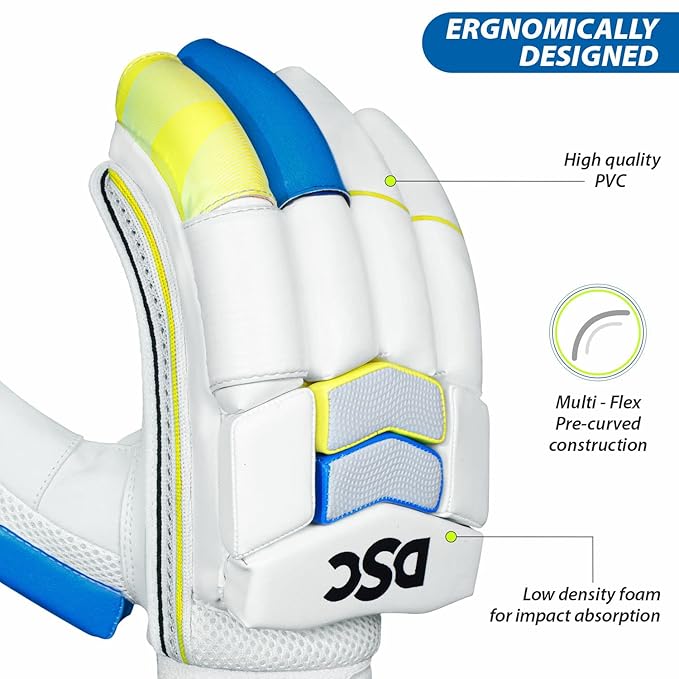 DSC Condor Glider Leather Cricket Batting Gloves for Men, Right Hand – Premium Protection-White/Blue/Yellow - Best Price online Prokicksports.com