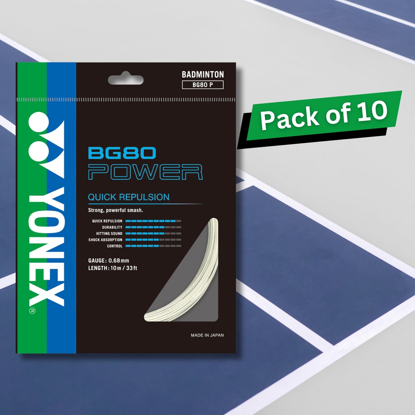Yonex BG80 Power Badminton Strings, 0.68mm - Pack of 10 Strings - Best Price online Prokicksports.com