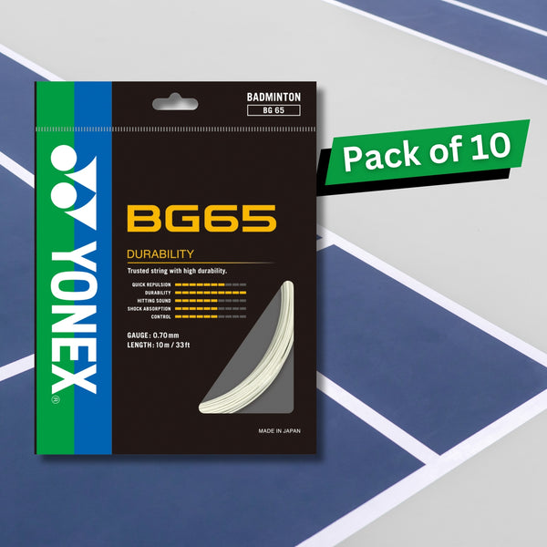 Yonex BG 65 Badminton Strings – 0.70mm Gauge, 10m Set, Pack of 10 (Durable Multifilament Nylon for All-Round Play)