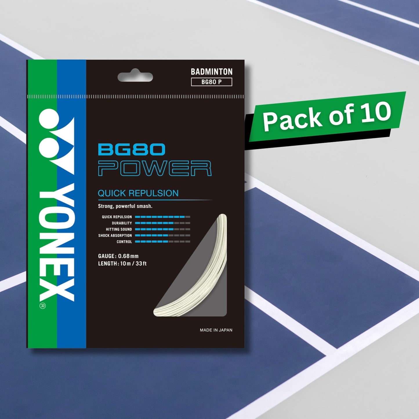 Yonex BG80 Power Badminton Strings, 0.68mm - Pack of 10 Strings - Best Price online Prokicksports.com