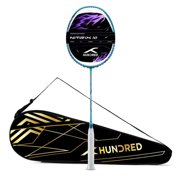 Hundred Nitrix 10 Badminton Racket (Strung) | Head-Heavy Carbon Fiber Attacking Racquet with Full Cover | Max Tension 30 lbs