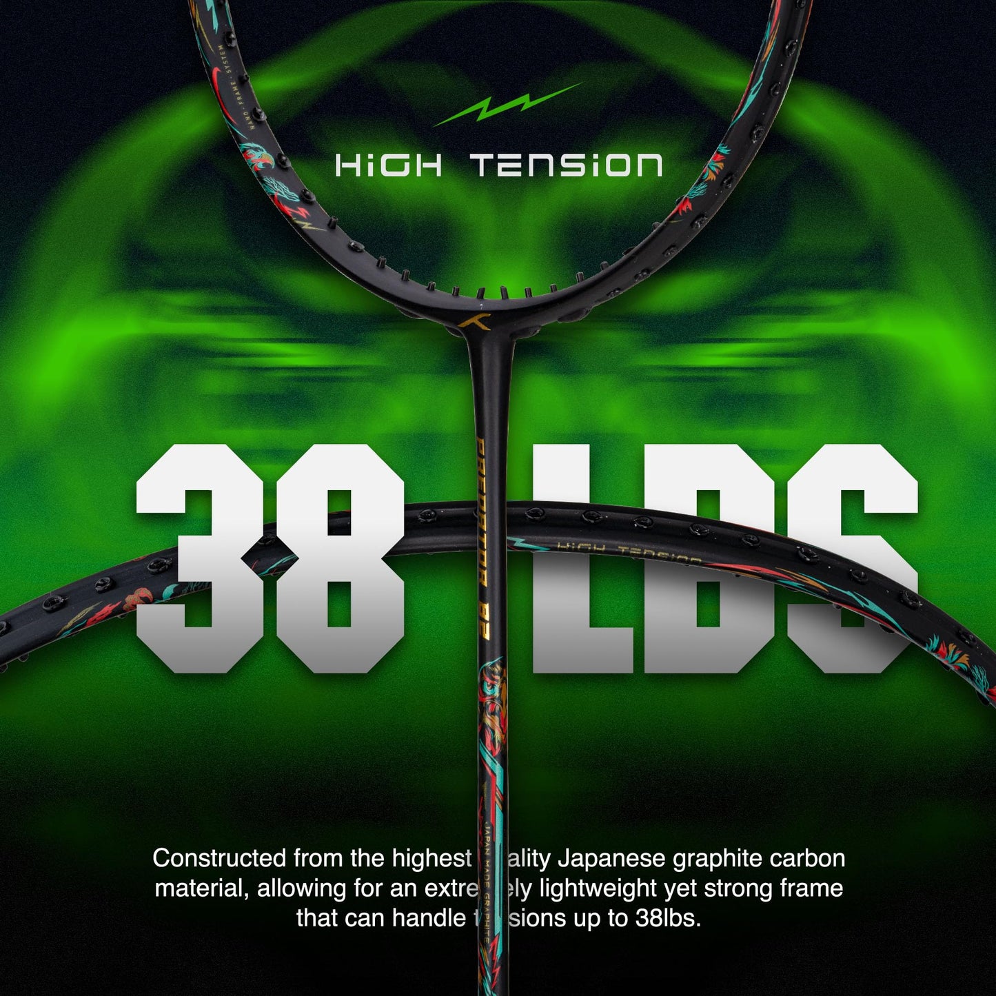 Hundred Predator Extra Strong Japan Made Graphite Unstrung Badminton Racket (38 lbs Max Tension) | Flexible Shaft Attacking Racquet with Full Cover