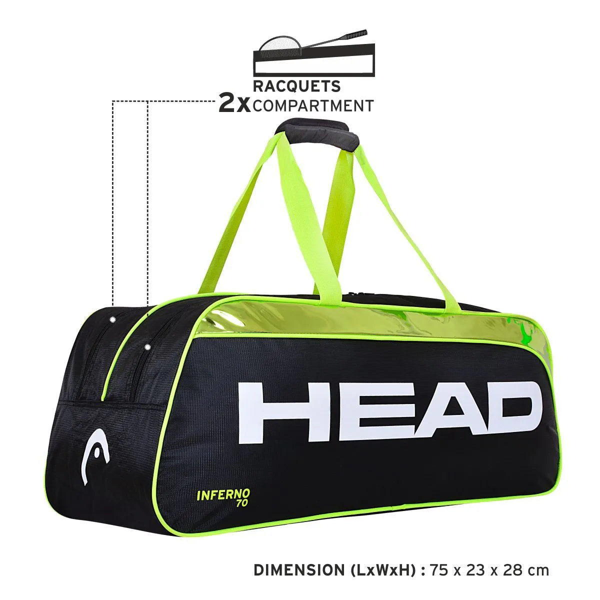 Head Inferno 70 Badminton Kitbag Green Black | Premium Racket Bag with Large Storage | Stylish & Durable Sports Kit Bag for Badminton Players - Best Price online Prokicksports.com