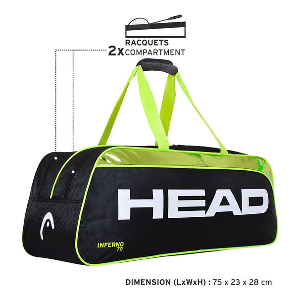 Head Inferno 70 Badminton Kitbag Green Black | Premium Racket Bag with Large Storage | Stylish & Durable Sports Kit Bag for Badminton Players