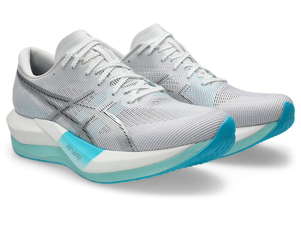 Asics Magic Speed 5 Unisex Running Shoes | White/Pure Silver, Carbon Plate, FF Leap & FF Blast Plus Cushioning, 7 mm Drop, 50 g Lighter, Engineered Mesh Upper, Speed & Race Day