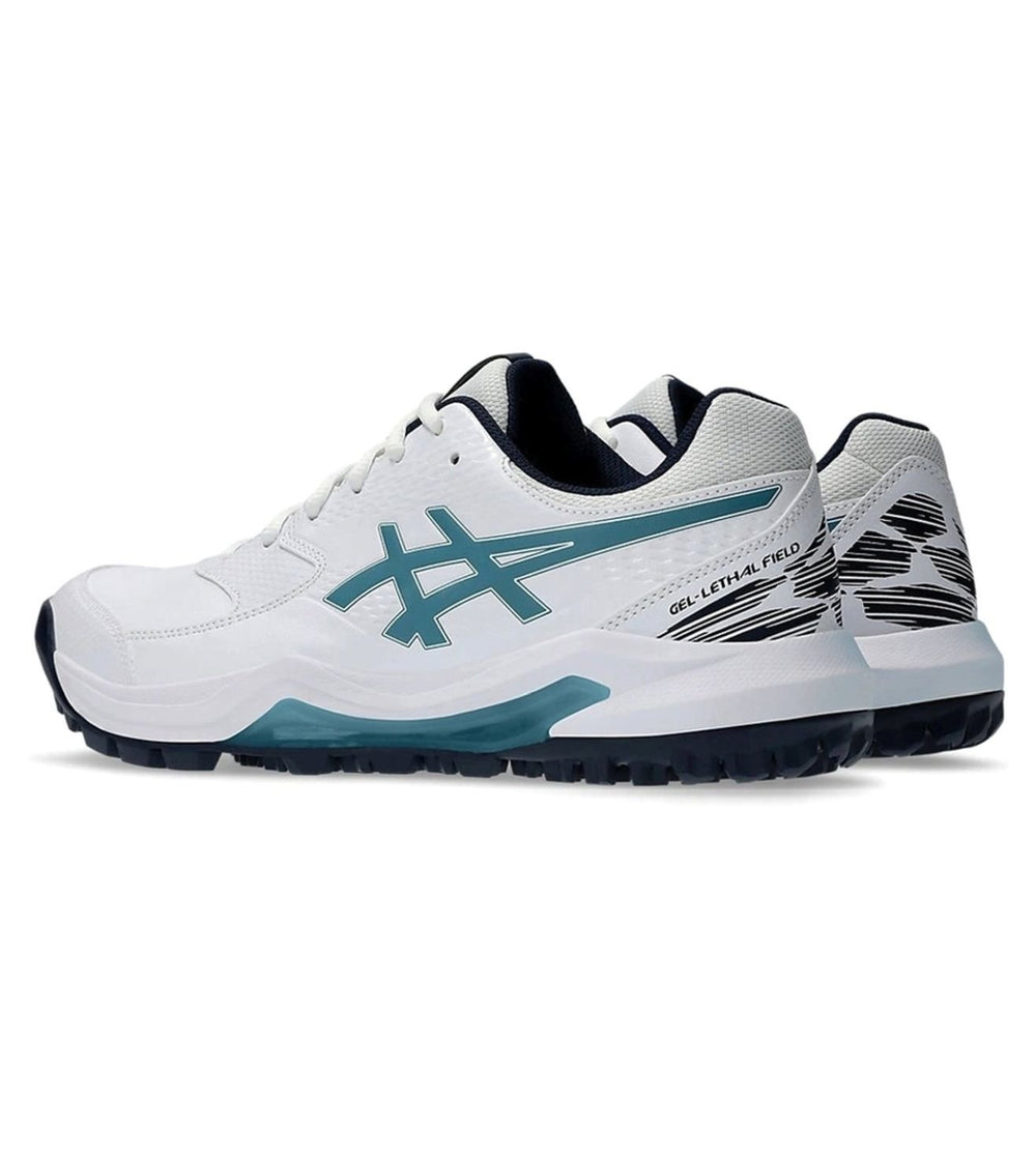 Asics Gel-Lethal Field 2 Men’s Cricket Shoes | White & Atlantis Blue, GEL Shock Absorption, Microfibre Leather Upper, Rubber Sole, Lightweight Comfort & Stability