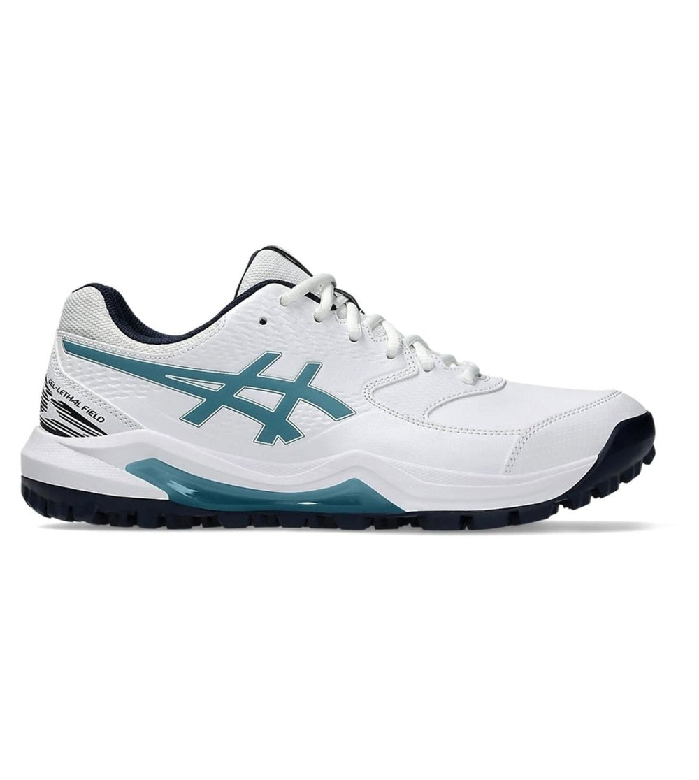 Asics Gel-Lethal Field 2 Men’s Cricket Shoes | White & Atlantis Blue, GEL Shock Absorption, Microfibre Leather Upper, Rubber Sole, Lightweight Comfort & Stability