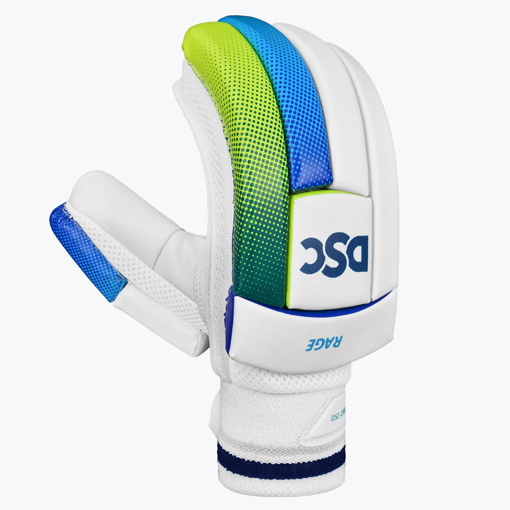 DSC Rage Cricket Batting Gloves | Leather Palm, Pre-Curved Foam Finger Rolls & Airflow Gusset | Left Hand