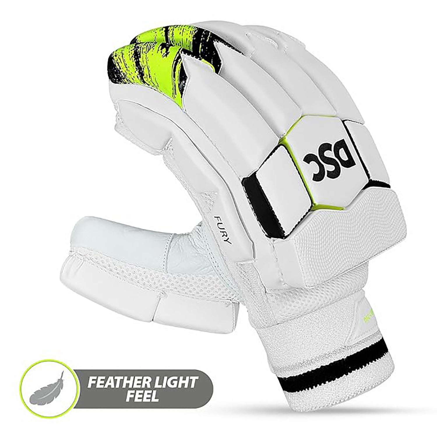 DSC Fury Right-Hand Men’s Batting Gloves, White/Black/Lime – Premium Leather Protection, Superior Grip & Comfort - Best Price online Prokicksports.com