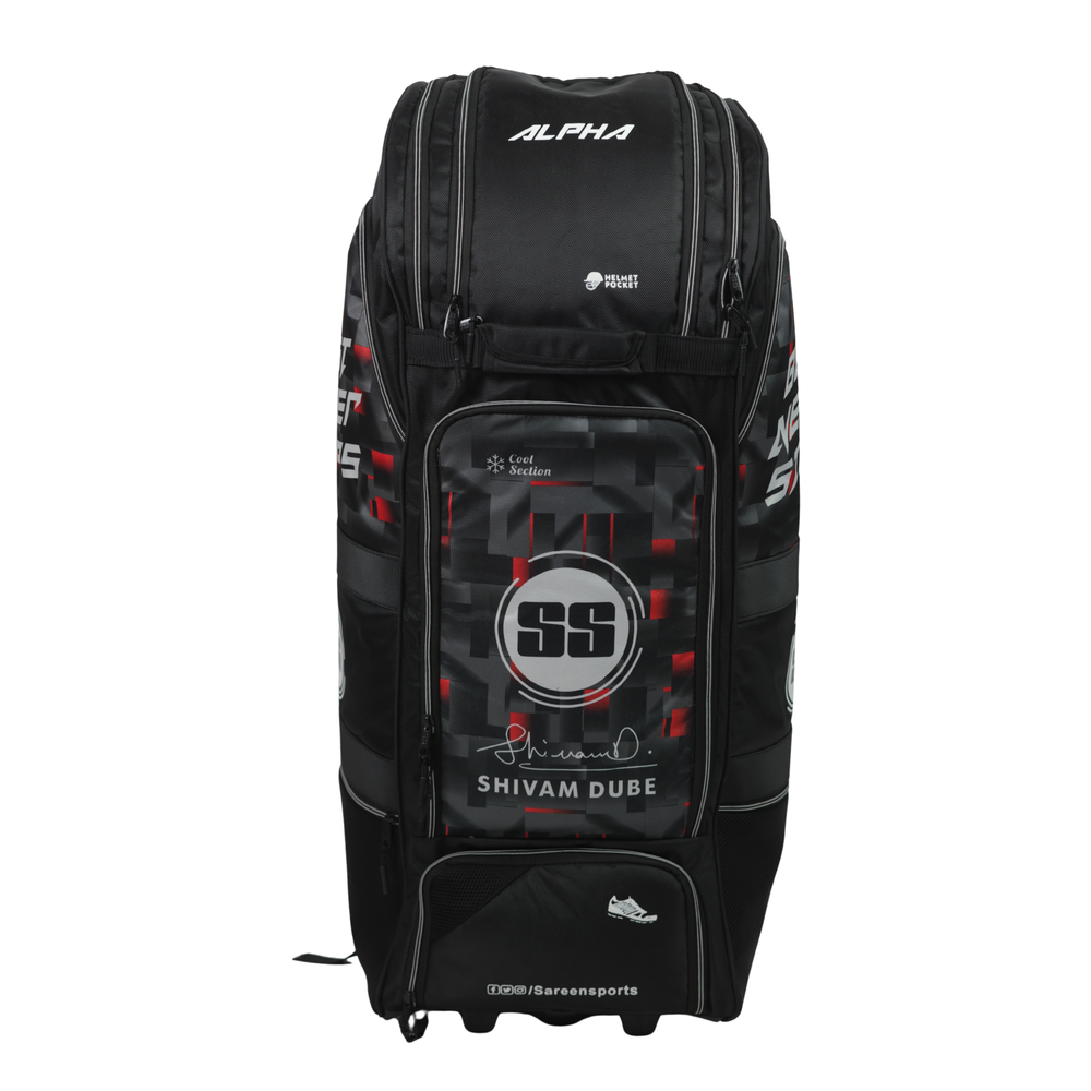 SS Alfa Cricket Kit Bag - Black | Wheelie Bag with 2 Bat Compartments