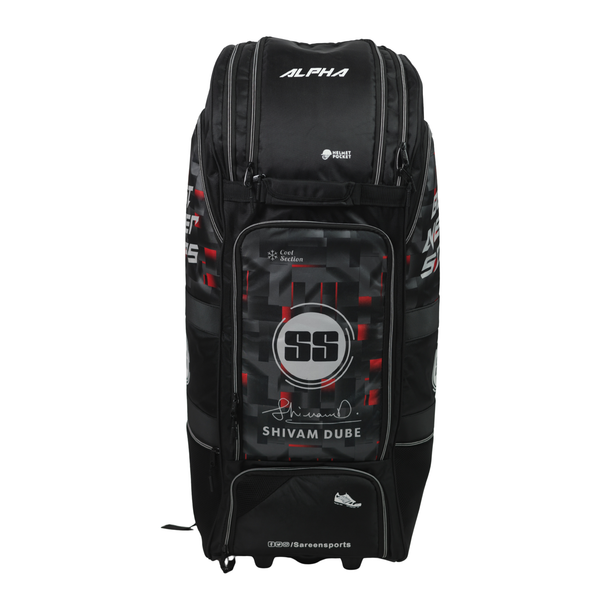 SS Alfa Cricket Kit Bag - Black | Wheelie Bag with 2 Bat Compartments
