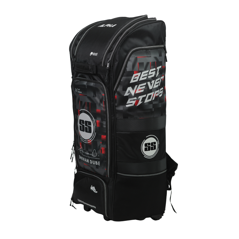 SS Alfa Cricket Kit Bag - Black | Wheelie Bag with 2 Bat Compartments