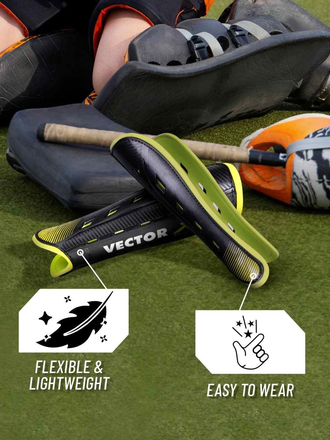 Vector X Classic Hockey Shin Guard (Black/Neon Green) | Field Hockey Leg & Ankle Guards for Junior & Senior Players