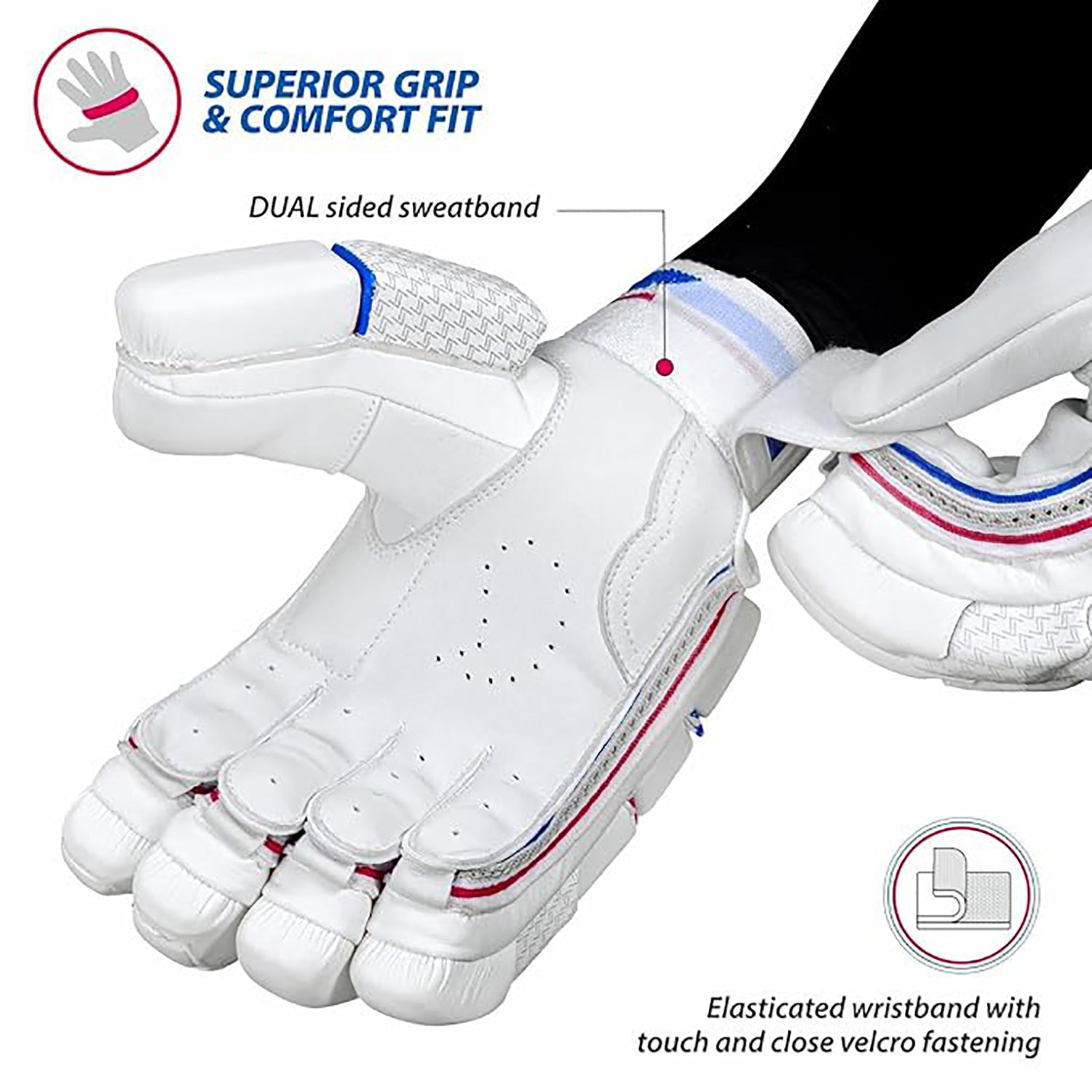 DSC Intense Speed Right-Hand Men’s Leather Cricket Batting Gloves – High Protection & Superior Grip(White/Red/Blue) - Best Price online Prokicksports.com