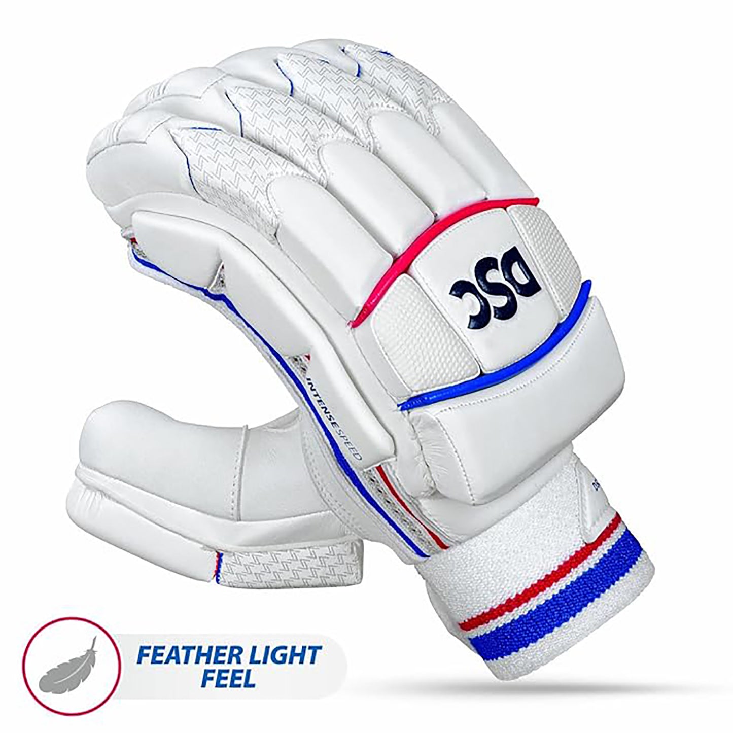 DSC Intense Speed Right-Hand Men’s Leather Cricket Batting Gloves – High Protection & Superior Grip(White/Red/Blue) - Best Price online Prokicksports.com