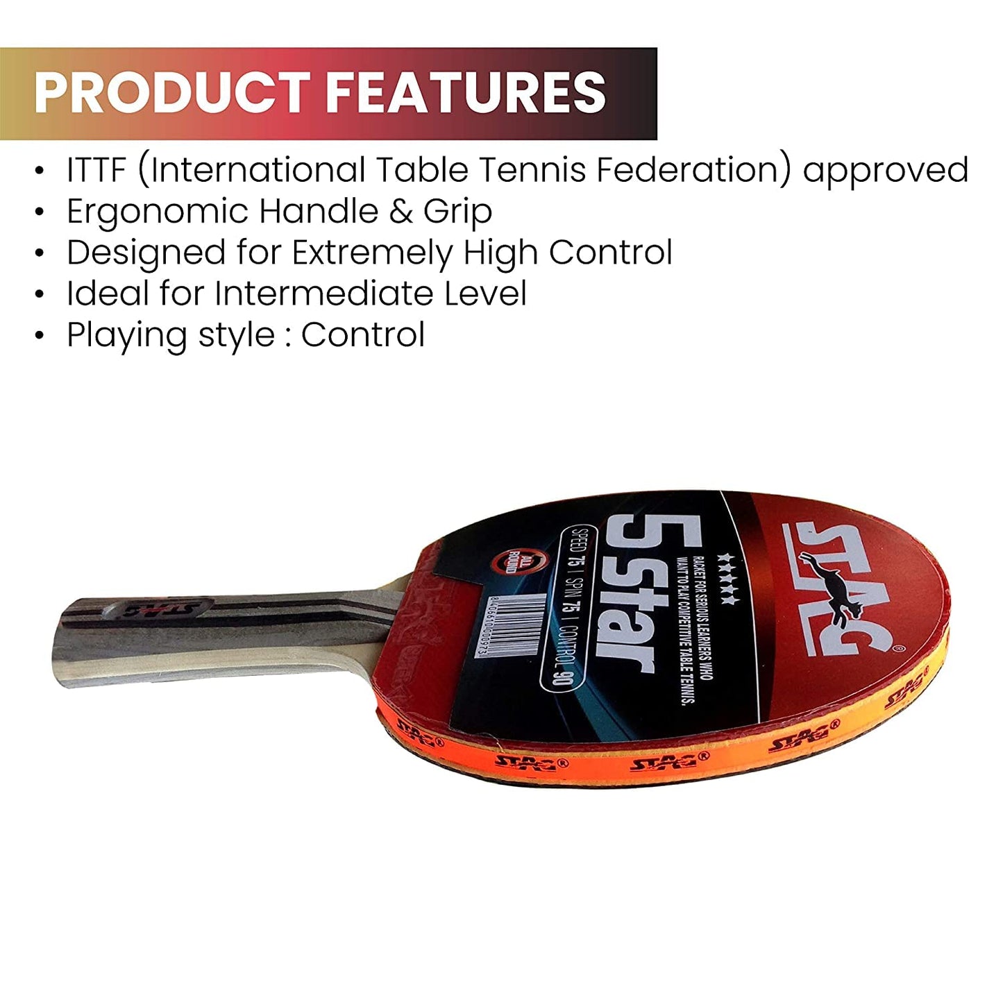 Stag 5 Star Table Tennis Racket, Red/Black - Best Price online Prokicksports.com
