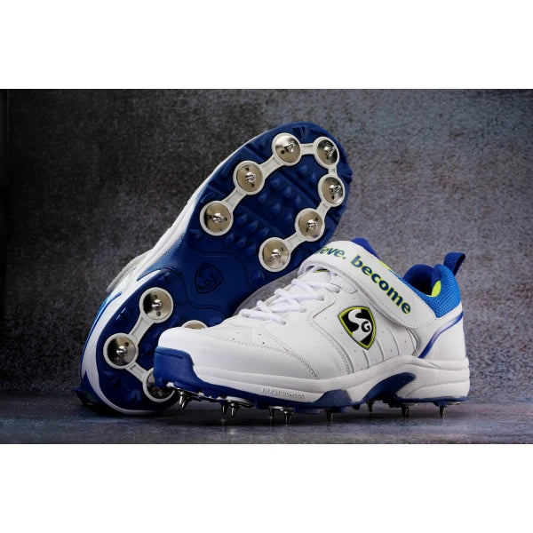 SG Sierra 2.0 Full Metal Spikes Cricket Shoe White Lime Royal Blue