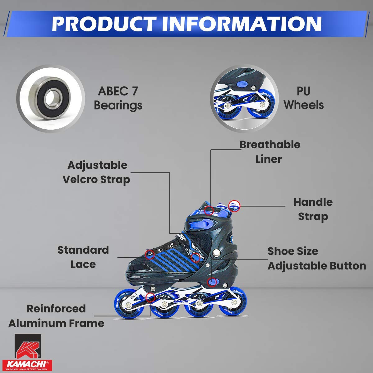 Kamachi K-1006 Adjustable Aluminium Body Inline Skates (70 mm wheels) - Best Price online Prokicksports.com